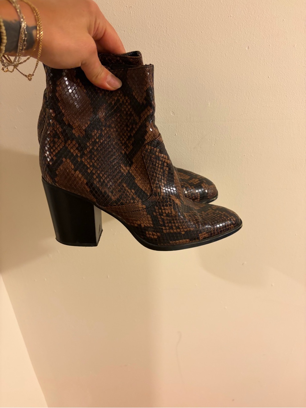 Zara Brown Snake-Print Block Heel Ankle Boots
